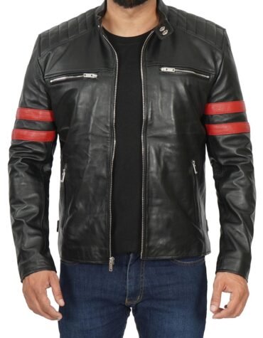 Mens Black Cafe Racer Leather Jacket with Red Stripes