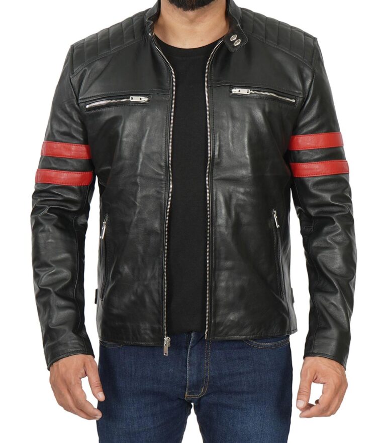 Mens Black Cafe Racer Leather Jacket with Red Stripes