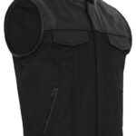 Men's Cordura Fabric Vest with Genuine Leather Trim - Black Biker Vest