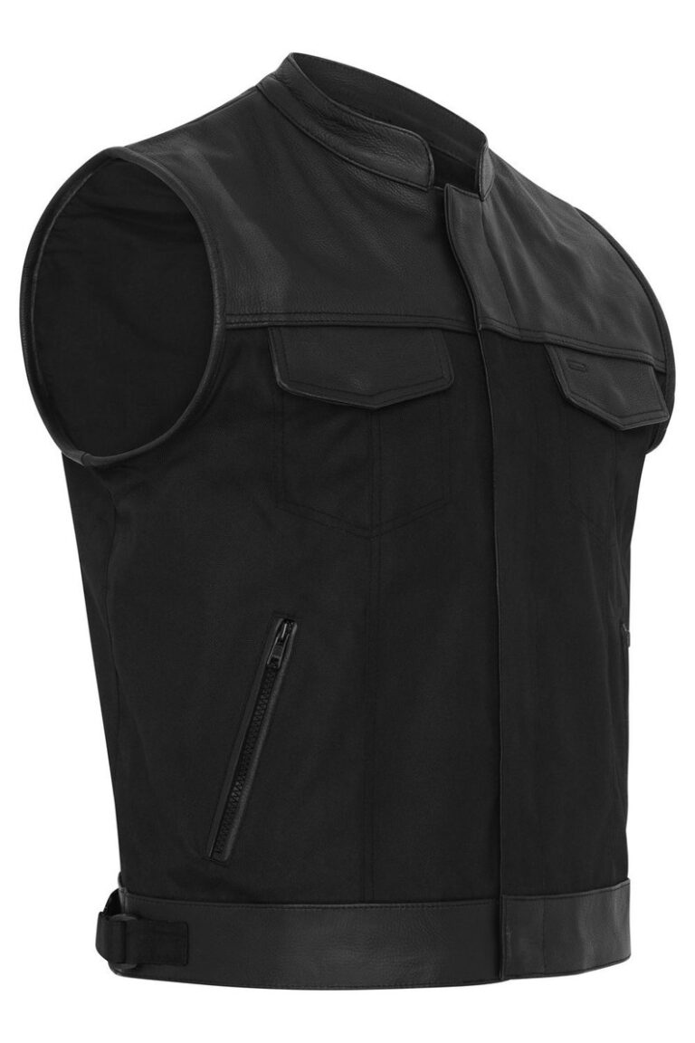 Mens Codura Fabric Vest Genuine Leather Trim Biker Black leather Vest