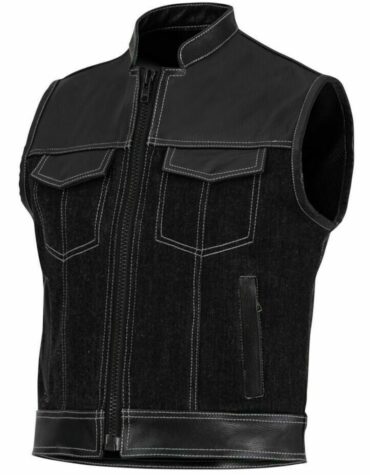 Leather and Denim zipper white Stitching Motorcycle Biker Vest Leather VestDenim Vest