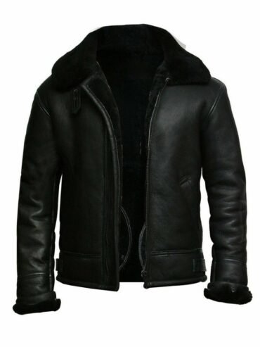 Mens Black Sheepskin Aviator Leather Retro Bomber Jacket