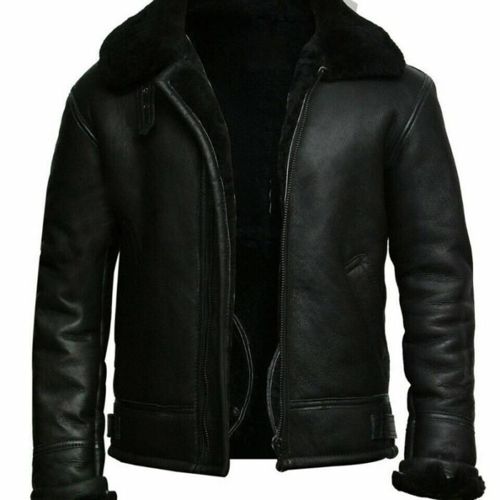 Mens Black Sheepskin Aviator Leather Retro Bomber Jacket