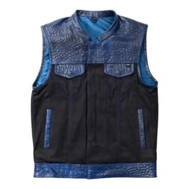 Mens Codura Fabric Vest Genuine Leather Trim Biker Black leather Vest