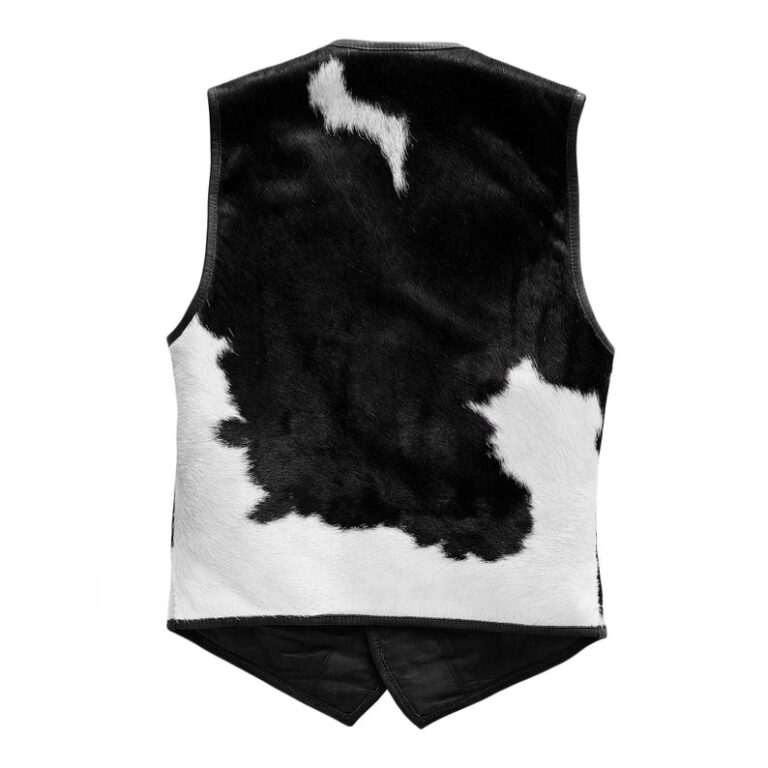 Vintage Mens Leather Vest Black CIYAL Genuine Cowhide Hair on Black and White Western Vest