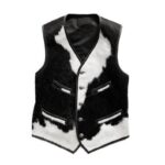 Vintage Men's Leather Vest Black - CIYAL Genuine Cowhide Hair on Black and White Western Vest