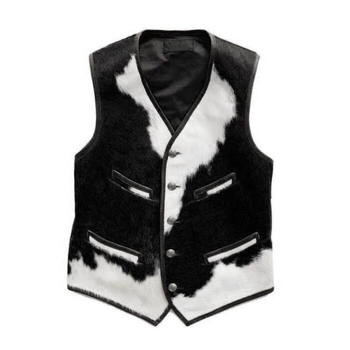 Vintage Mens Leather Vest Black CIYAL Genuine Cowhide Hair on Black and White Western Vest