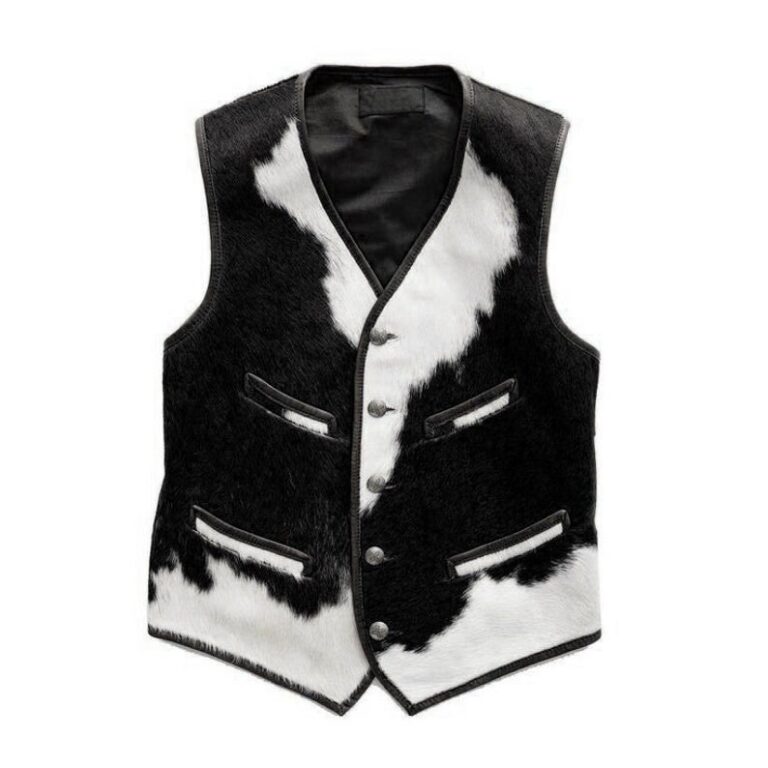 Vintage Mens Leather Vest Black CIYAL Genuine Cowhide Hair on Black and White Western Vest