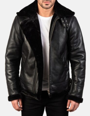 Mens Black Shearling Leather Aviator Jacket