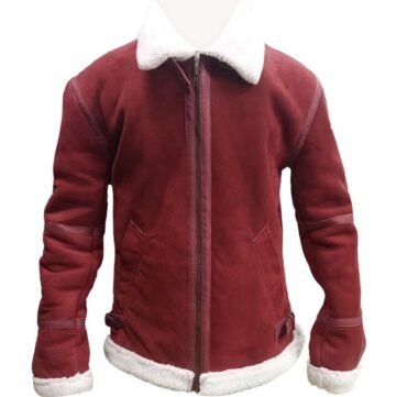 Mens Red Suede Shearling Jacket Handmade Suede Leather Faux Fur Jacket Winter Fur Jacket for Christmas