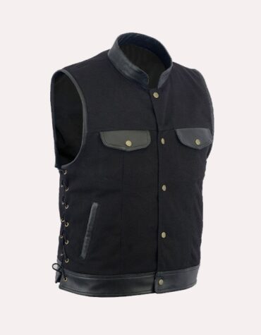 Mens SOA Side Lace Leather Trim Denim Vest