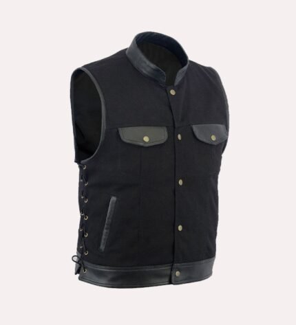 Mens SOA Side Lace Leather Trim Denim Vest