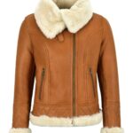 Women's Tan Brown Bomber Real Sheepskin Leather Jacket