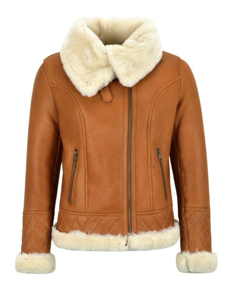 Women's Tan Brown Bomber Real Sheepskin Leather Jacket