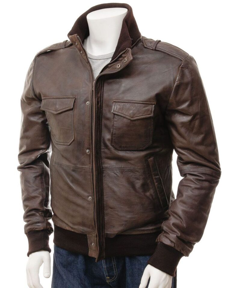 Mens Epaulettes Shoulder Stylish Bomber Leather Jacket