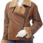 women tan brown shearling leather jacket