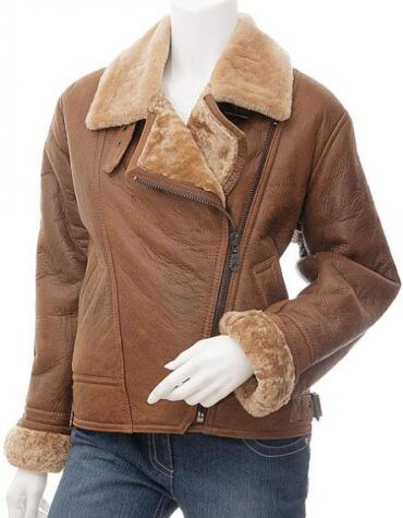 women tan brown shearling leather jacket