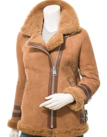 WOMENS TAN SHEEPSKIN BIKER JACKET