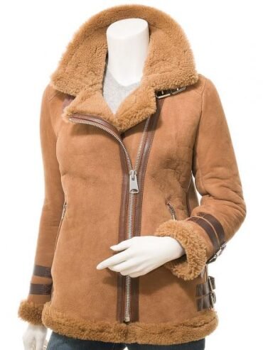 WOMENS TAN SHEEPSKIN BIKER JACKET