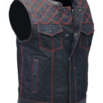 Red Stitch Denim Leather Quilt Concealed Pockets Vest