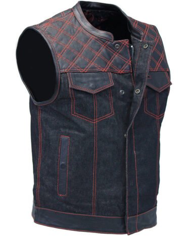 Red Stitch Denim Leather Quilt Concealed Pockets Vest