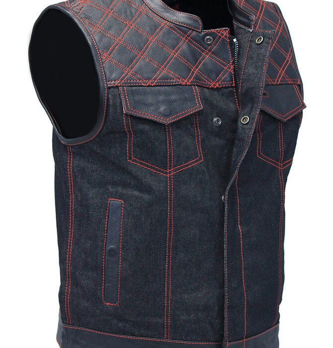 Red Stitch Denim Leather Quilt Concealed Pockets Vest