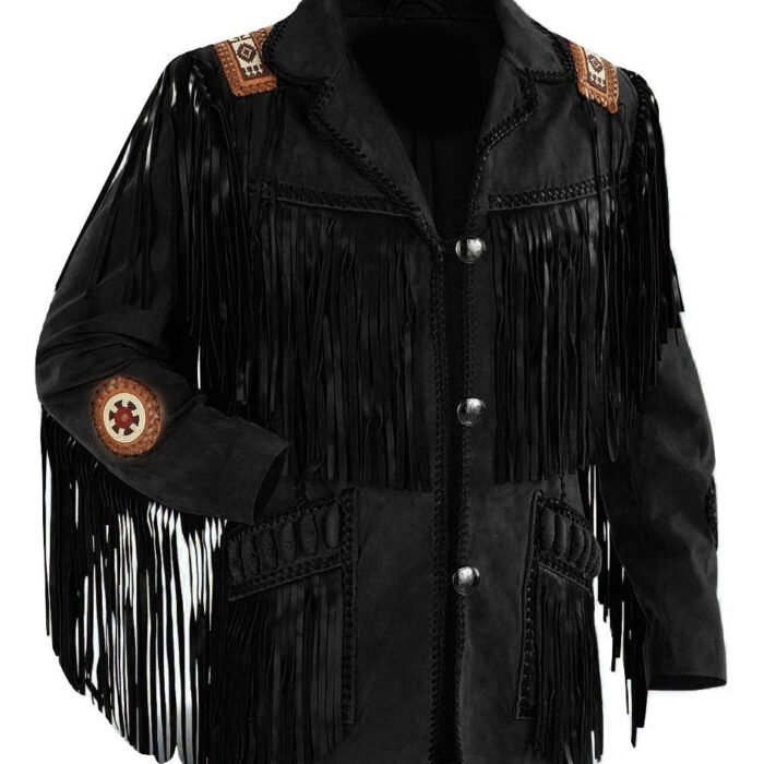 Mens Western cowboy suede leather jacket with Fringes Black