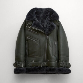 Women Green RAF Aviator Styled Lambskin Black Shearling Leather Jacket