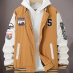 White and Skin Hooded Varsity Men Jacket - Stylish Outerwear with Hood