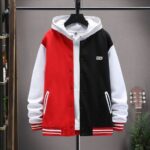 Trendy Black and Red Hooded Varsity Leather Jacket for Men