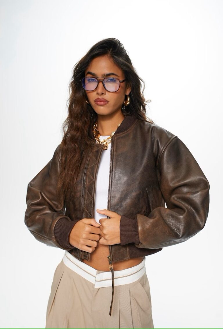 Women's Brown Cropped Vintage Bomber Leather Jacket