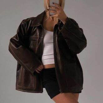 Brown Baggy Oversized Leather Jacket for Women