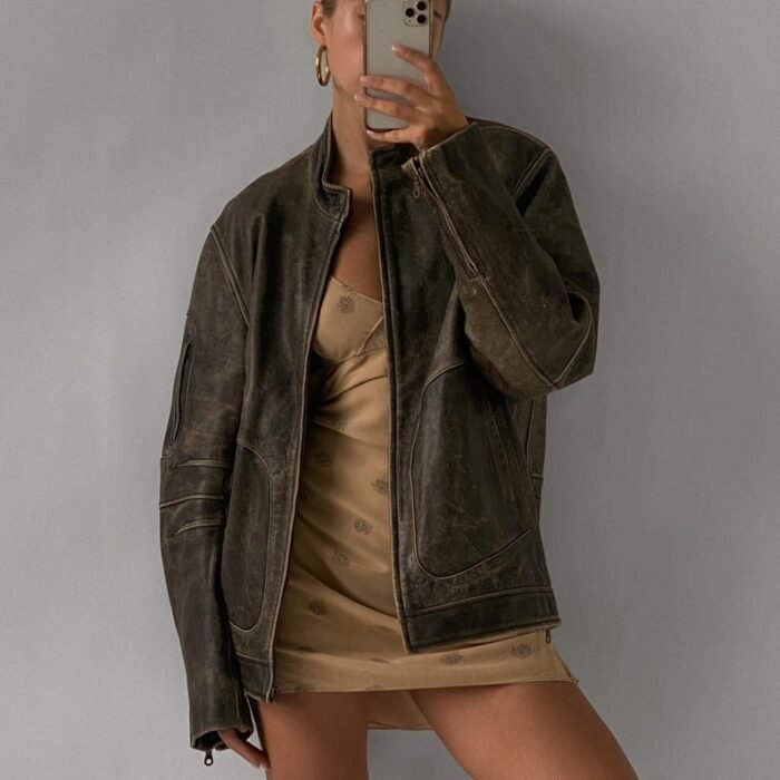 Women's Casual Wear Oversize Genuine Brown Leather Jacket