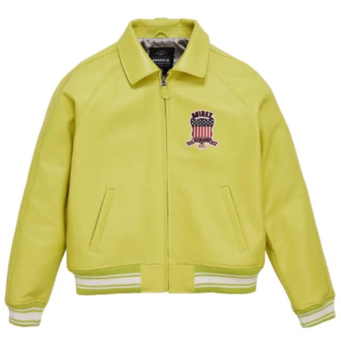 Mens Avirex Light Yellow Real Bomber American Flight Jacket Leather Jacket