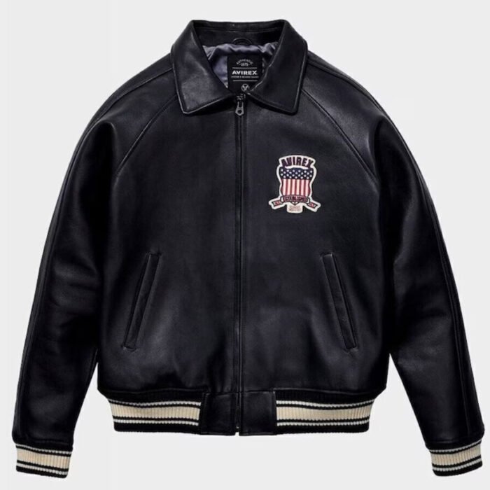 Mens New Avirex Black Real Bomber American Flight Jacket Leather Jacket