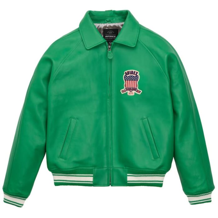 Mens New Avirex Green Real Bomber American Flight Jacket Leather Jacket