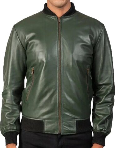 Real Leather Motorcycle Bomber Jacket In Green