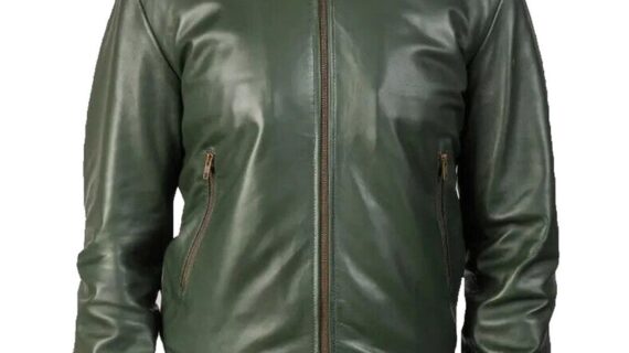 Real Leather Motorcycle Bomber Jacket In Green