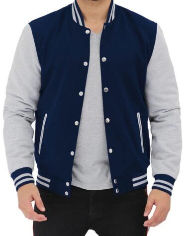 Grey And Blue Baseball-Style Varsity Jacket For Men
