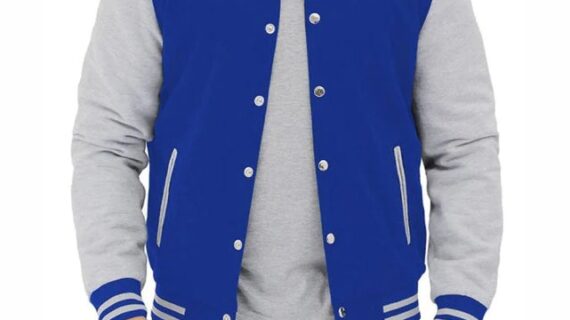 Grey And Royal Blue Baseball-Style Varsity Jacket For Men