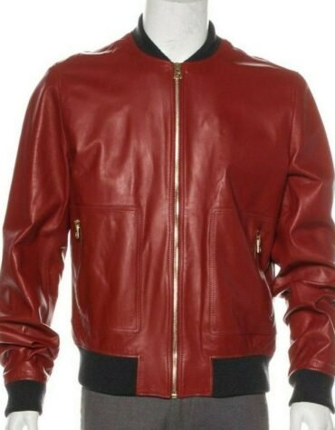 Men Fashion Lambskin Red Leather Bomber Jacket