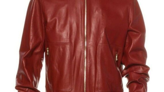 Men Fashion Lambskin Red Leather Bomber Jacket