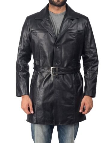 Men's Black Sheepskin Leather Trench Coat