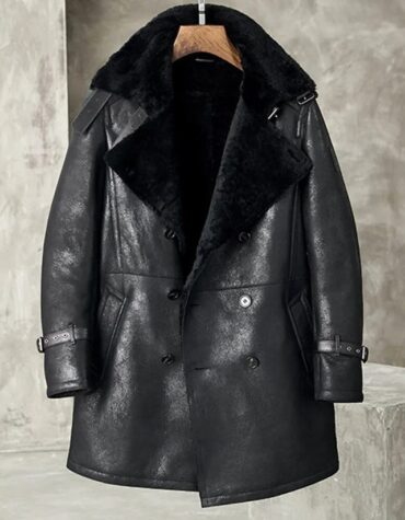 Men's Black Shearling Long Trench Coat