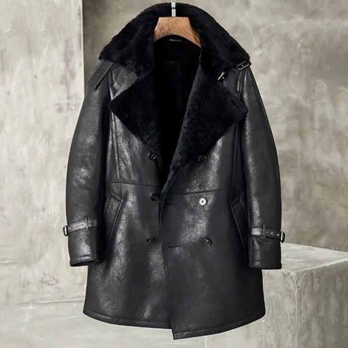 Men's Black Shearling Long Trench Coat
