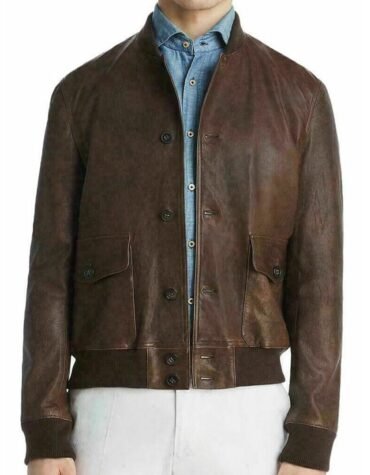 Men's Brown Leather Baseball Bomber Jacket