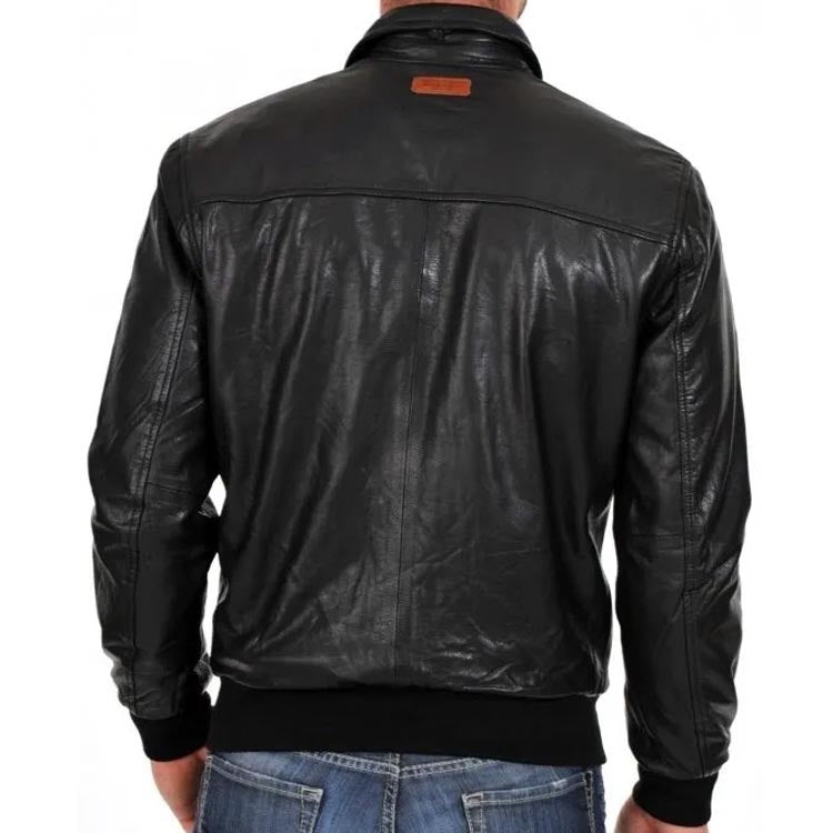 Men's Lightweight Black Leather Bomber Jacket with Zipper Men's Lightweight Black Leather Bomber Jacket with Zipper