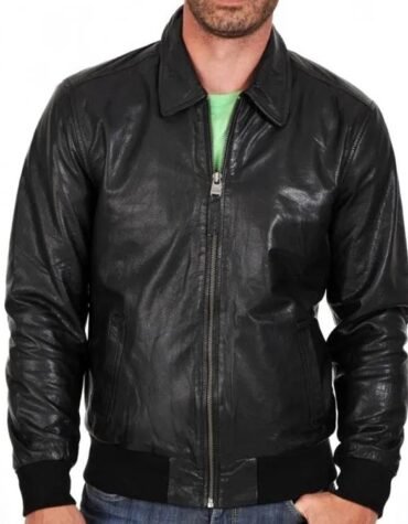 Men's Lightweight Black Leather Bomber Jacket with Zipper