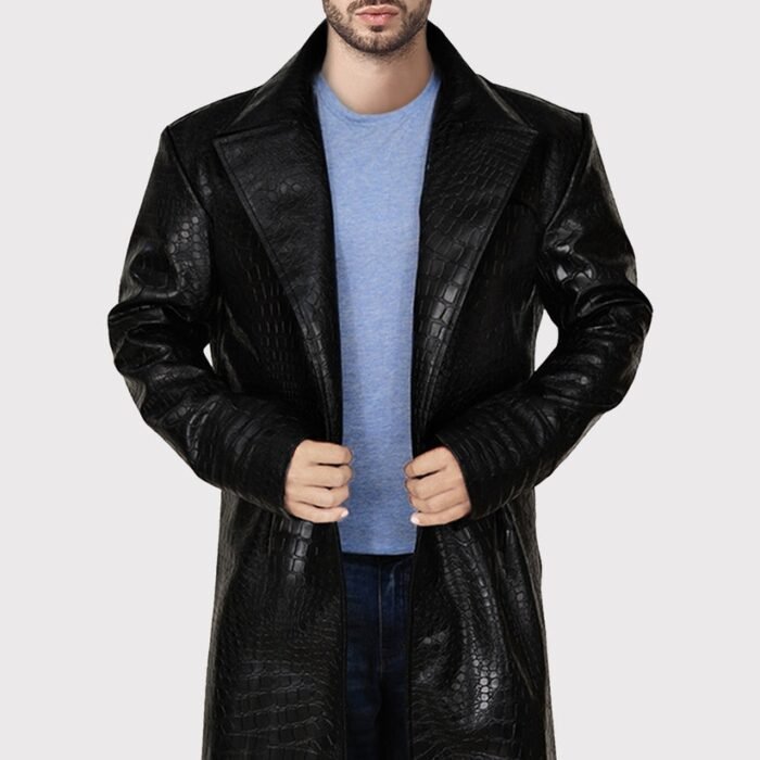 Men’s Long Black Alligator Faux Leather Coat