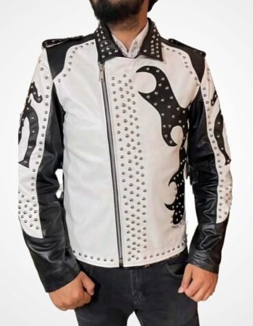 Men's Black and White Leather Jacket with Silver Studs and Fringe